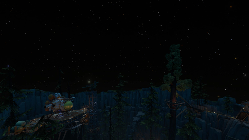 A panorama across the Hearthian village, at night. A ramshackle spaceship stands on the launchpad, and wooden platforms wrap around tall pine trees.