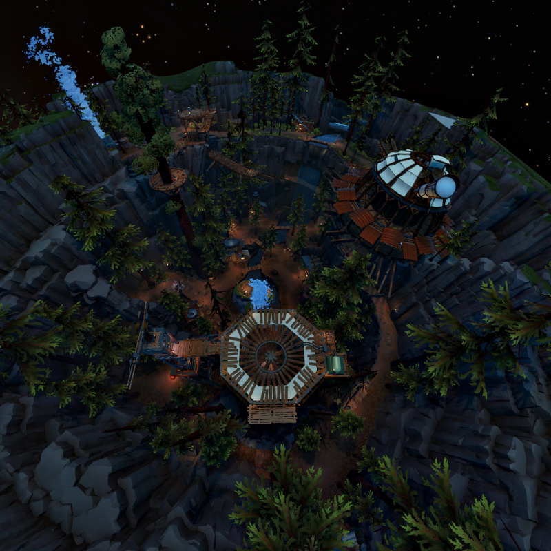 A view of the Hearthian village from a few seconds after launch. The observatory can be clearly seen, and the lights of the village glow warm and welcoming.