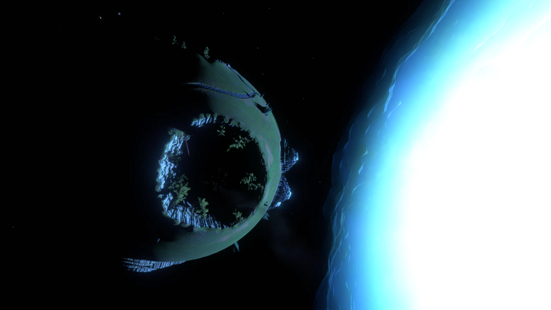 A blue-green planet, with recognisable mountains and a large crater, about to be consumed by a bright blue supernova.