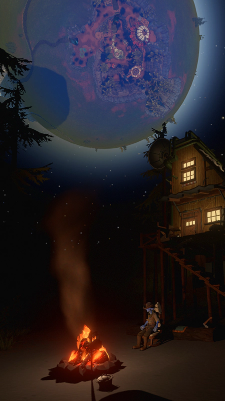A Hearthian sitting in a rocking chair by a campfire on the moon, in front of a log cabin. The Hearthian village can be clearly seen hanging upside-down on the planet above.