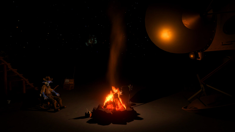A Hearthian and a spaceship with a spherical bronze cockpit sit at a campfire together.