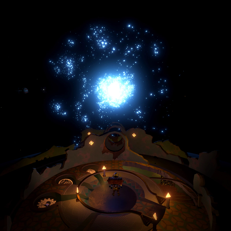An astronaut stands at the centre of an alien ruin, as the sun explodes brilliant blue.