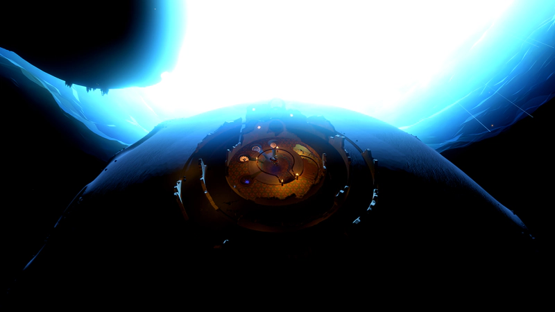 An astronaut stands at the centre of an alien ruin, as it is consumed by the onrushing supernova.