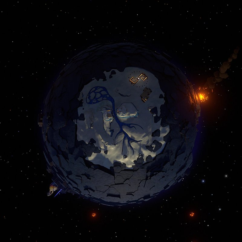 A view from space of the snowy pole of a rocky blue planet. A crashed alien spaceship can be seen  on one side of the planet, and an explosive meteorite impact lights up the other side.