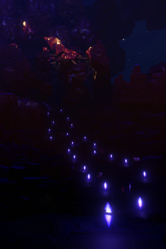 A path of bright purple crystals leads across the underside of the blue planet's crust, towards a rough settlement of wooden bridges and angular columns.