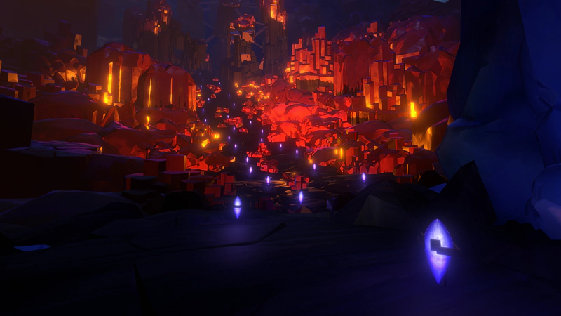 A path of purple crystals leads into the distance. The world is lit bright amber by an exploding meteorite nearby.
