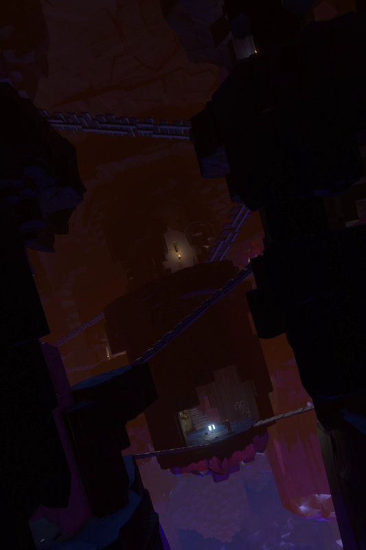 A view through a ruined settlement of wooden bridges and broken down houses to an astronaut, small against the weight of history.