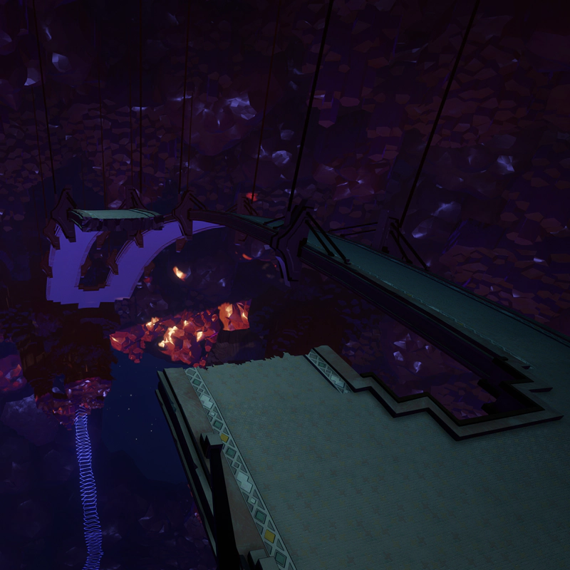 A wide bridge beneath the surface of the planet, hung from the crust by cables. Half of the bridge has broken and fallen into the abyss.