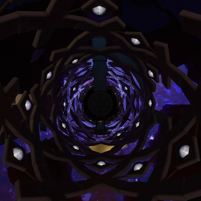 An abstract image, looking down through the geometric barrel of a gravity cannon. Its sides are studded with white crystals, and beyond the launching platform, a black hole seethes.