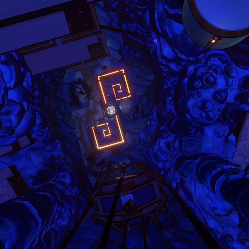 A pair of glowing square spirals, around an ornate white platform. They appear to be hanging upside-down from the planet's crust.