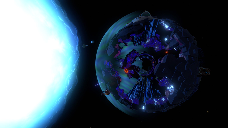 The shattered remnants of the rocky blue planet, about to be consumed by the bright blue of a supernova. Much of the planet's surface has broken away, to reveal a black hole at its heart.
