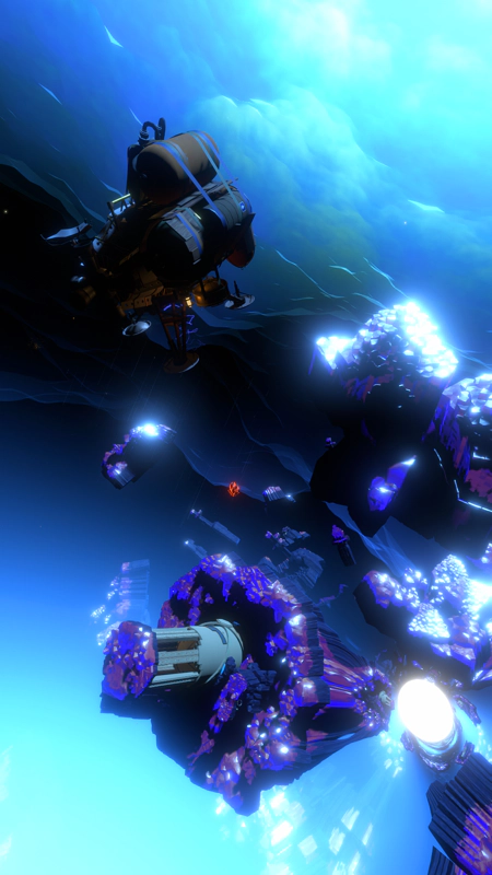 The Hearthian spaceship floats in a vast field of debris from the rocky blue planet. The blue fire of the supernova rushes in, and is caught and distorted by a glowing white hole.
