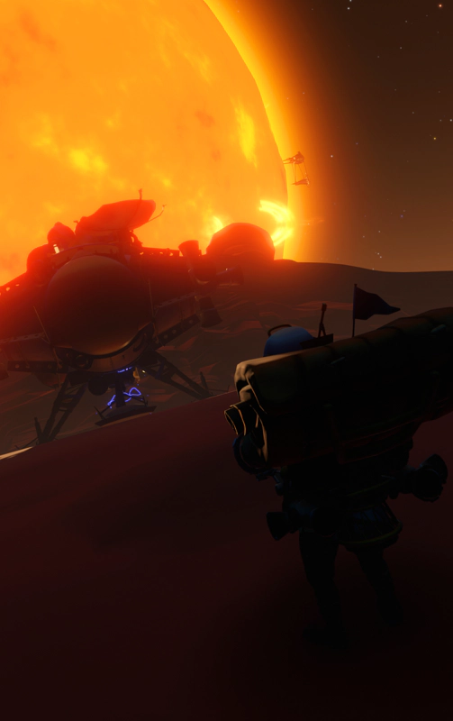 An astronaut looks across a dusty red planet towards their spaceship. The sun is vast in the sky.