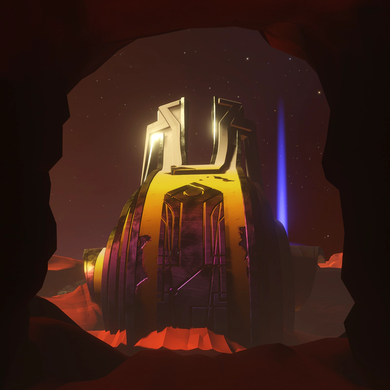 A crashed alien escape pod gleams iridescent in the sun. A blue distress signal shines into the sky beyond it.