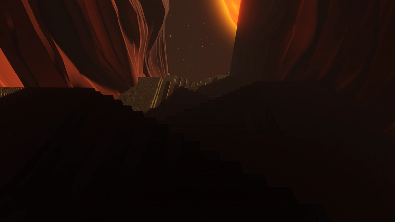 A set of neatly-carved stairs winds its way between two red cliff-sides.
