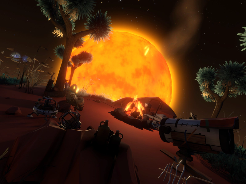 A campsite on the red planet, loomed over by the massive orange sun. An astronaut in an egg-shaped space-suit plays the drums beside the fire.