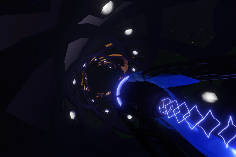 An ancient alien shuttle stands in a gravity cannon, waiting to launch. The shuttle glows blue, and a tractor beam of glowing squares emerges from below.