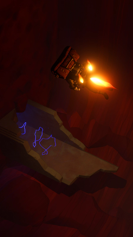 An astronaut jetpacks across a cavern towards a gleaming blue tractor beam in a ruined shaft.