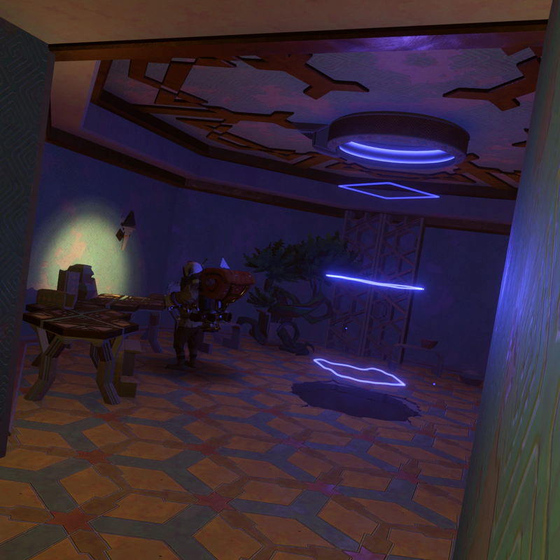 An astronaut investigates an ancient alien laboratory. The floor is decorated with overlapping hexagonal patterns, and a tractor beam leads up through the floor, painting the room in blue light.