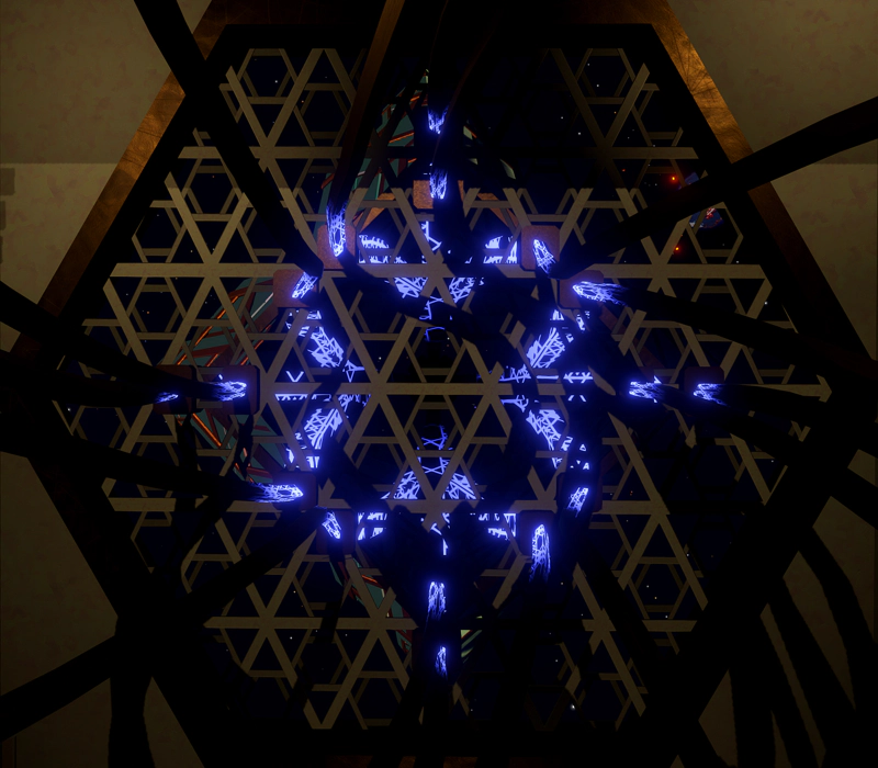 An abstract shot through an ornate hexagonal skylight, to a flower-shaped pattern of glowing blue cables beyond.