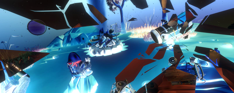 A campsite on the red planet being consumed by fractures in reality. The egg-shaped astronaut plays the drums, utterly consumed by an inverted blue crack in the universe.