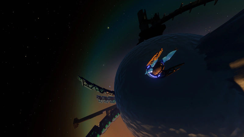 The alien shuttle catches the sunlight as it approaches a sandy planet with alien structures protruding from below.