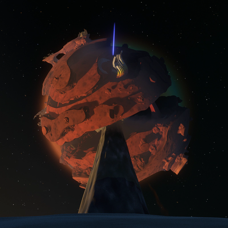 A view of the red planet from the sandy planet. The crashed alien ship is visible, as is the blue distress beacon rising from the surface.
