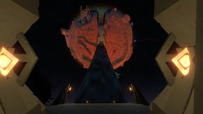 A view of the red planet from a structure on the sandy planet. A pillar of sand connects the two.