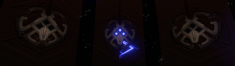 An array of three three-eyed alien masks, amidst a starry darkness. The middle mask has blue light shining from its eyes, and an arc of energy emerging from its base.