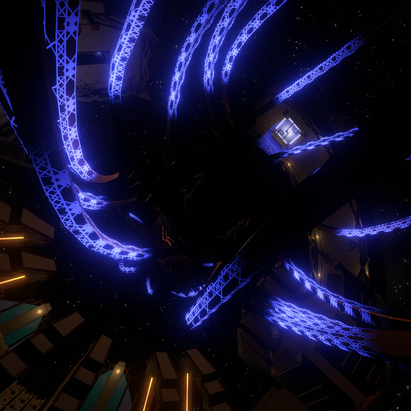A vast piece of alien machinery in the dark. Long glowing-blue cables arc in from off-screen, and a curving path leads to a glowing white pad beyond.