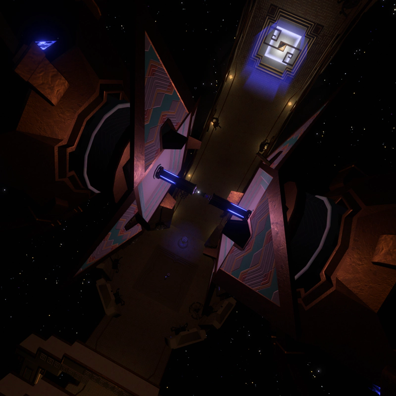 A vast alien mechanism, open to reveal an intricate warp core at its heart.