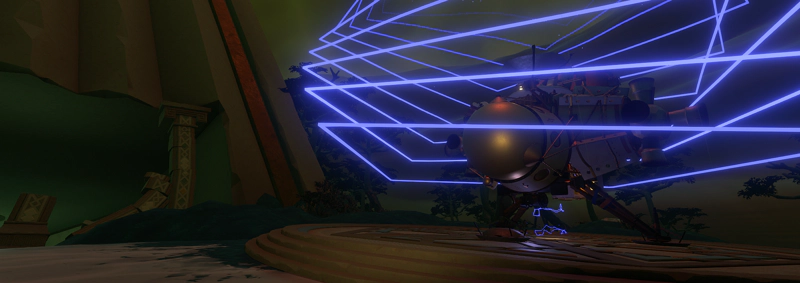 A spaceship on a landing pad surrounded by a glowing blue tractor-beam. Alien ruins cloaked in green fog stand nearby.