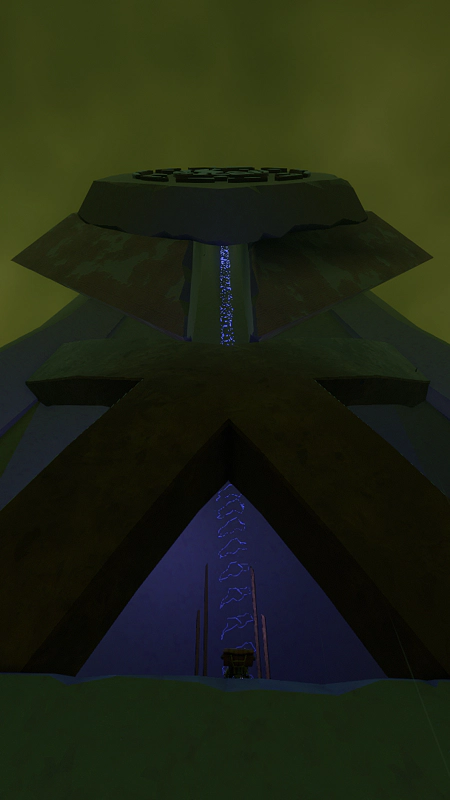 An astronaut standing at the base of a murky green tower, looking up. A tall tractor beam leads to the top, where green-brown clouds gather.