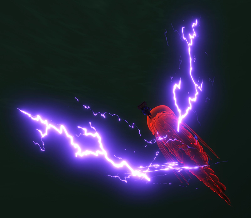 An astronaut floats beside a vast orange jellyfish. Electricity arcs in a v-shape to frame their encounter.
