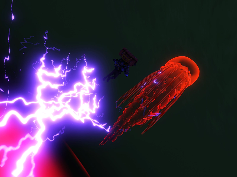 An astronaut floats beside an orange jellyfish. Electricity arcs between the jellyfish's tentacles, and rises from the glowing core of the planet.