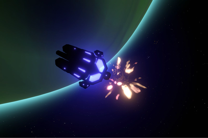 An alien probe launches from a large orbital gravity cannon, around the green gas giant. The cannon is in the process of exploding.