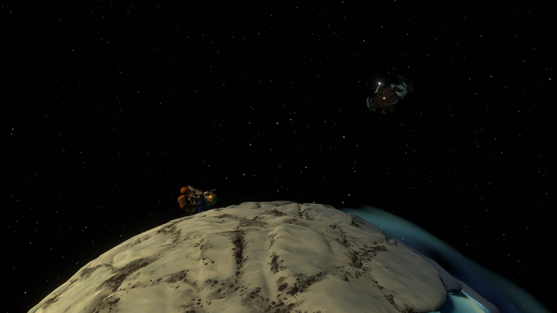 The Hearthian spaceship perches on the icy surface of a comet. A strange bramble-like planet can be seen far away.