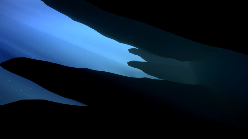 An abstract view through the icy tail of a comet, shades of blue emanating from jagged silhouettes.