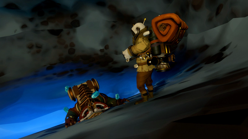 An astronaut standing beside the body of a dead alien in a grey-blue cave. The alien's space suit is pierced by turquoise crystals.