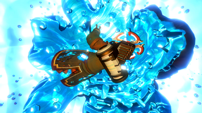 A dead alien, space suit torn and broken, floating before a dazzling blue explosion of shattered rock.
