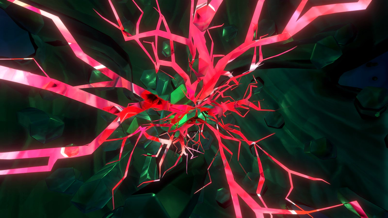 A dark green cave, torn by pink-red fractures in reality.