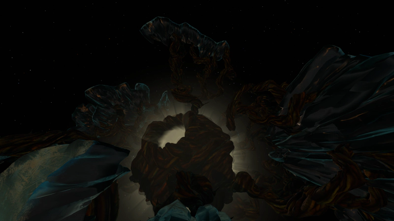A shattered icy planet, riven with vast bramble vines. The central core is filled with fog.