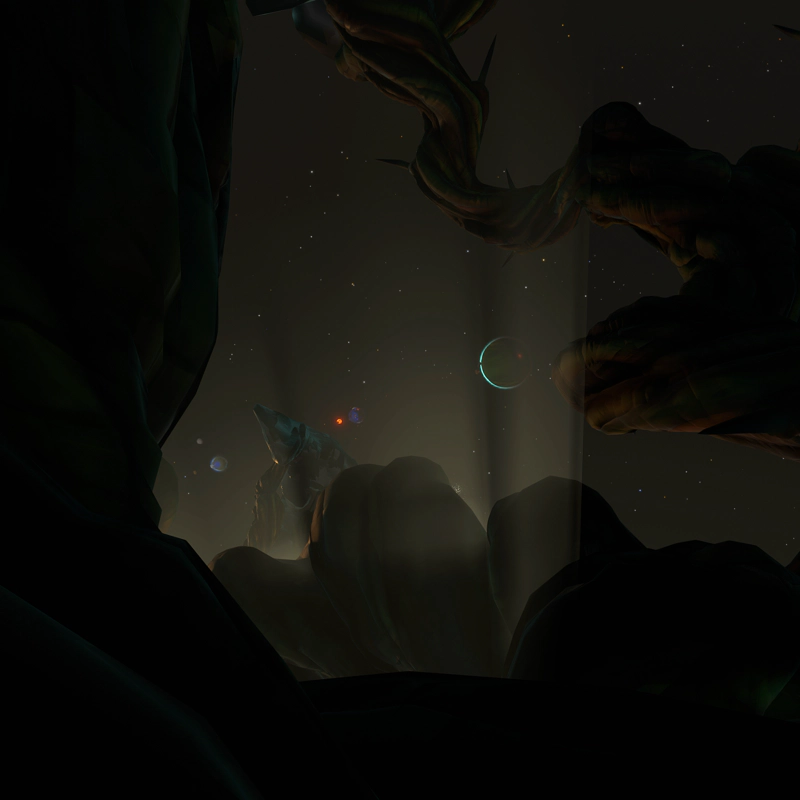 A view across the core of the bramble planet. An ethereal glow rises into space, lighting the grasping vines. In the distance, other planets can be seen.