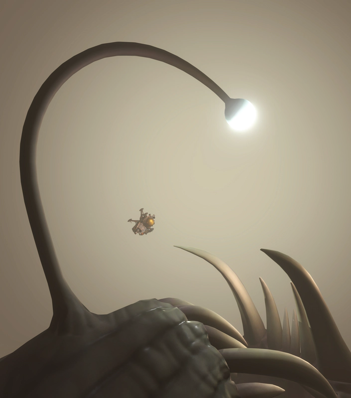 The Hearthian spaceship flying through the arch of a monstrous anglerfish lure. The ship looks tiny against the fog.