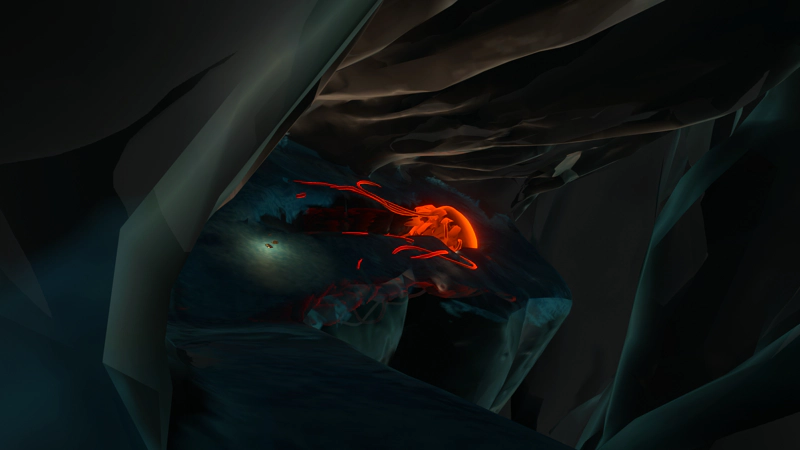 An ice cavern containing a dead jellyfish, preserved in the floor. A path curves round to a recording device discarded on the floor.