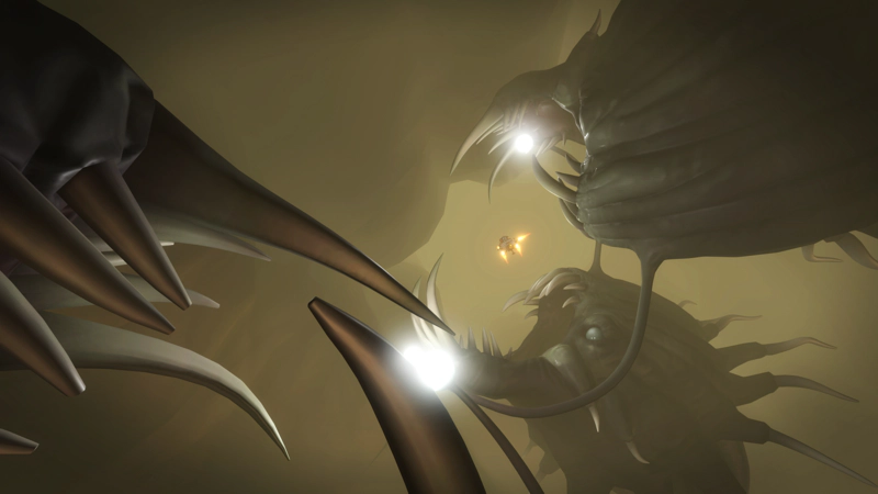 The Hearthian spaceship, all thrusters firing as it attempts to evade three monstrous anglerfish hunting it.