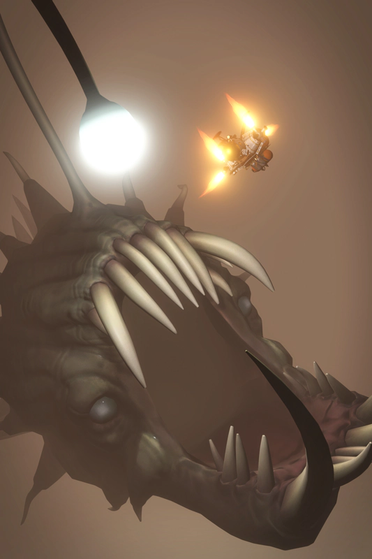 A massive anglerfish, lure shining bright, jaws wide as the Hearthian spaceship attempts to evade its clutches.
