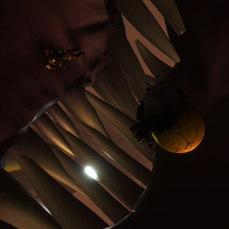 An astronaut and their shattered cockpit, within the mouth of a anglerfish. The light of its lure shines in from between its massive teeth.