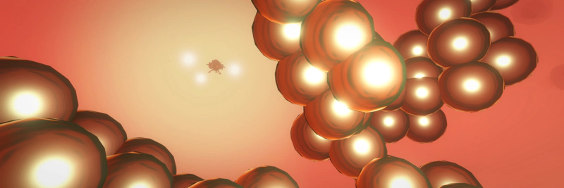 The Hearthian ship approaches a cluster of orange eggs. The fog is pink, and three white lights shine in the distance.