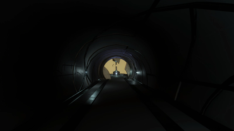 A corridor in a large alien vessel, looking towards a control room of some sort.